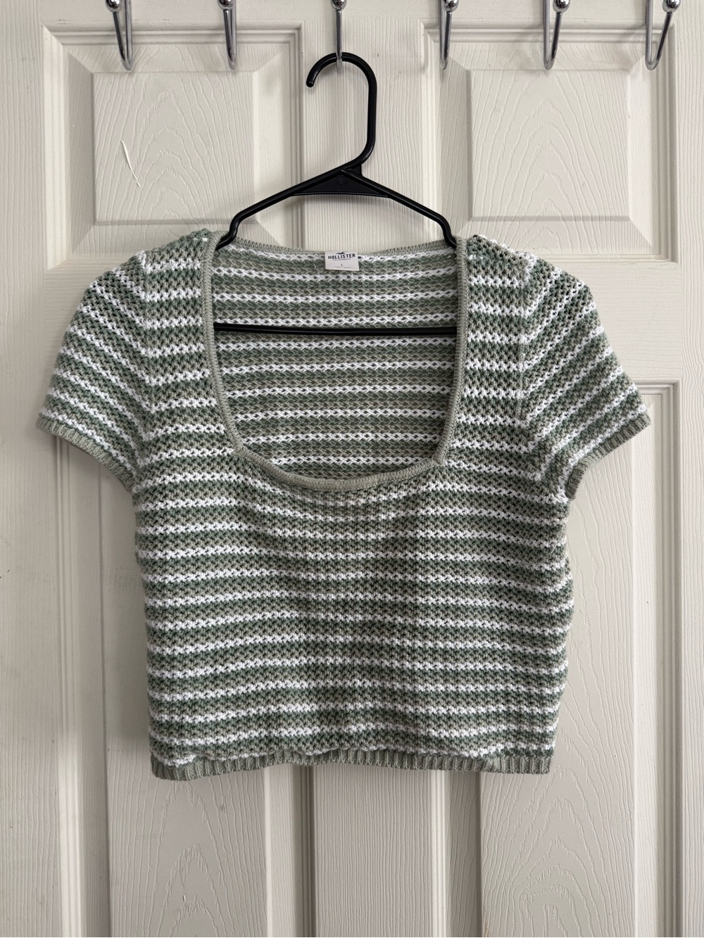 Hollister Green and White Striped Scoop-Neck Knit Crop Top